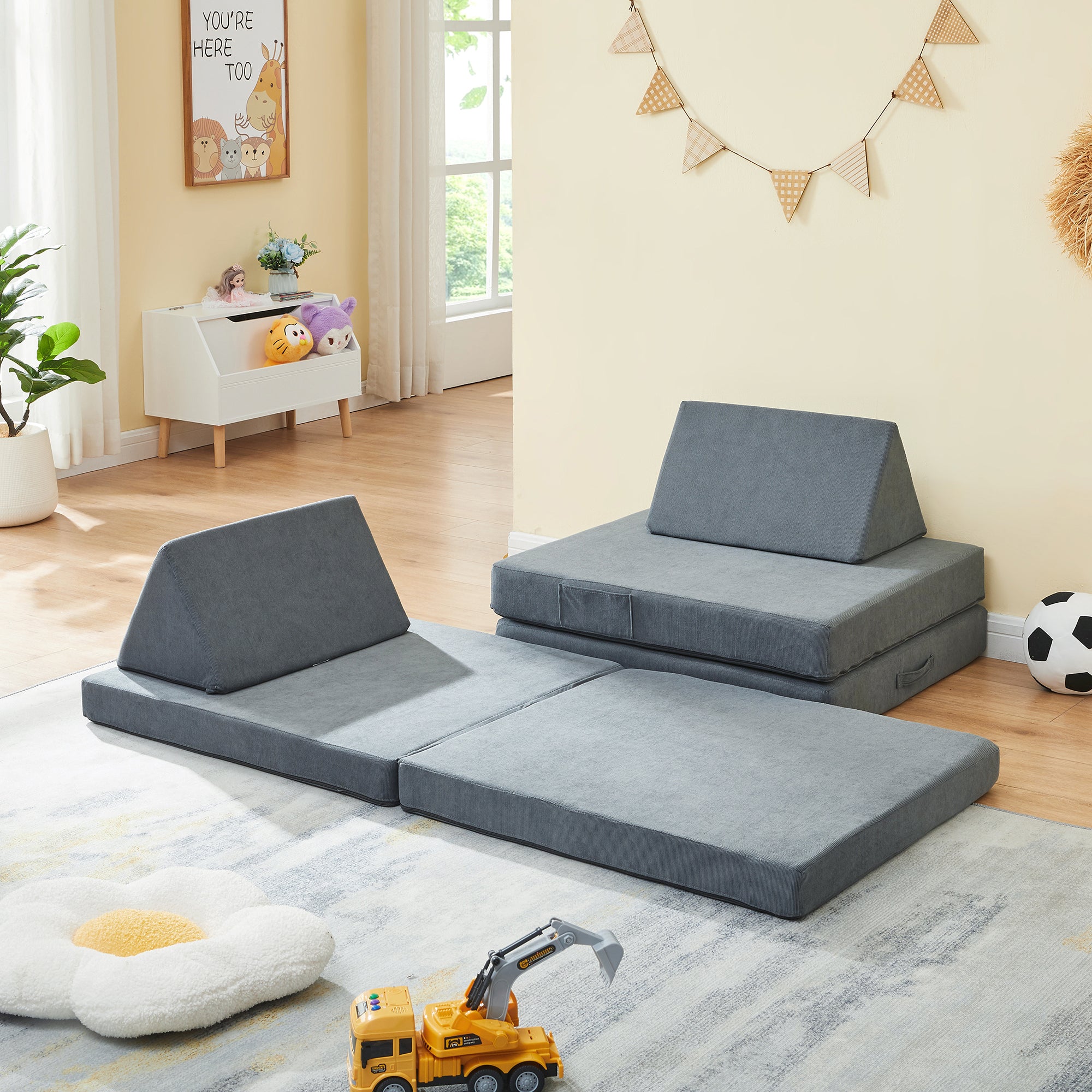 Divano Componibile per Bambini Norhulta Set Modulare Imbottito 150x66x46 cm Velluto a Coste Grigio [en.casa]
