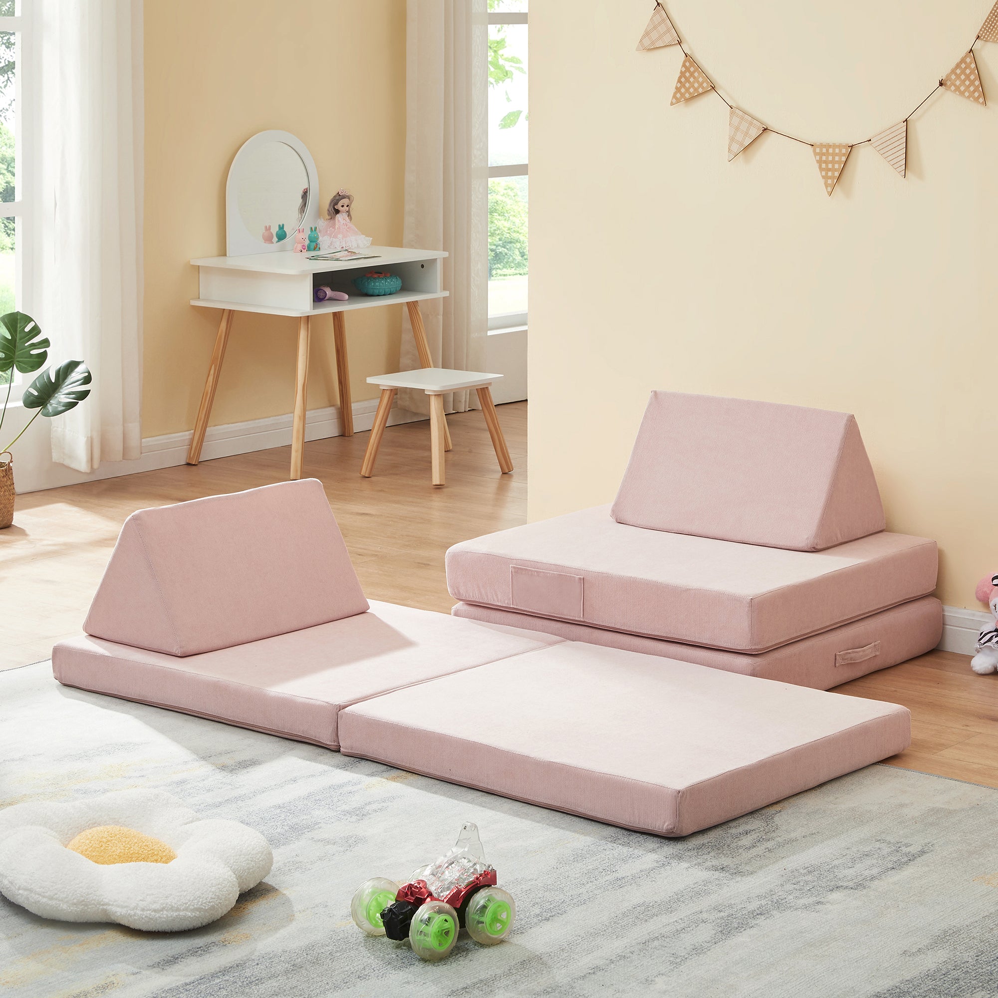 Divano Componibile per Bambini Norhulta Set Modulare Imbottito 150x66x46 cm Velluto a Coste Rosa [en.casa]