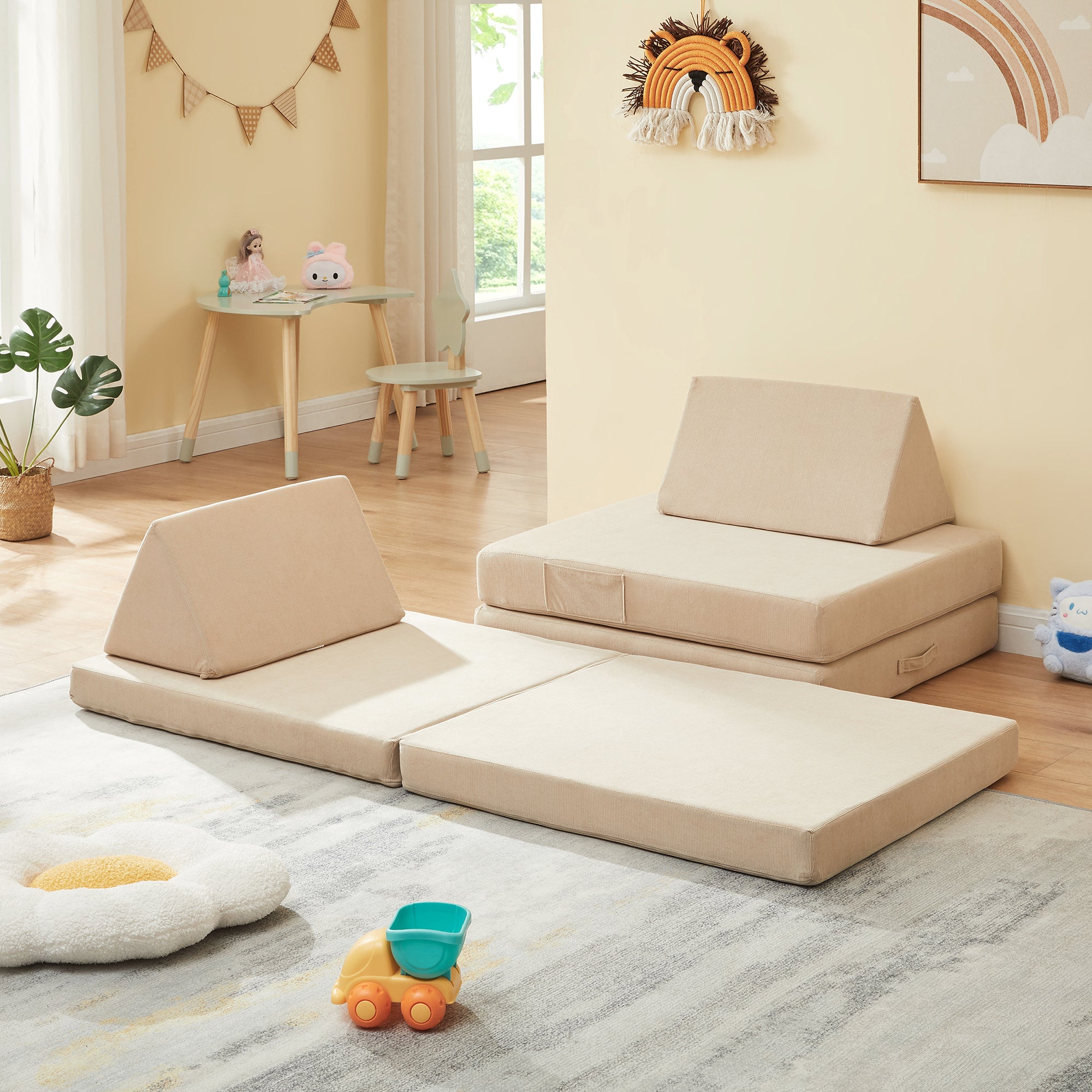 Divano Componibile per Bambini Norhulta Set Modulare Imbottito 150x66x46 cm Velluto a Coste Beige [en.casa]