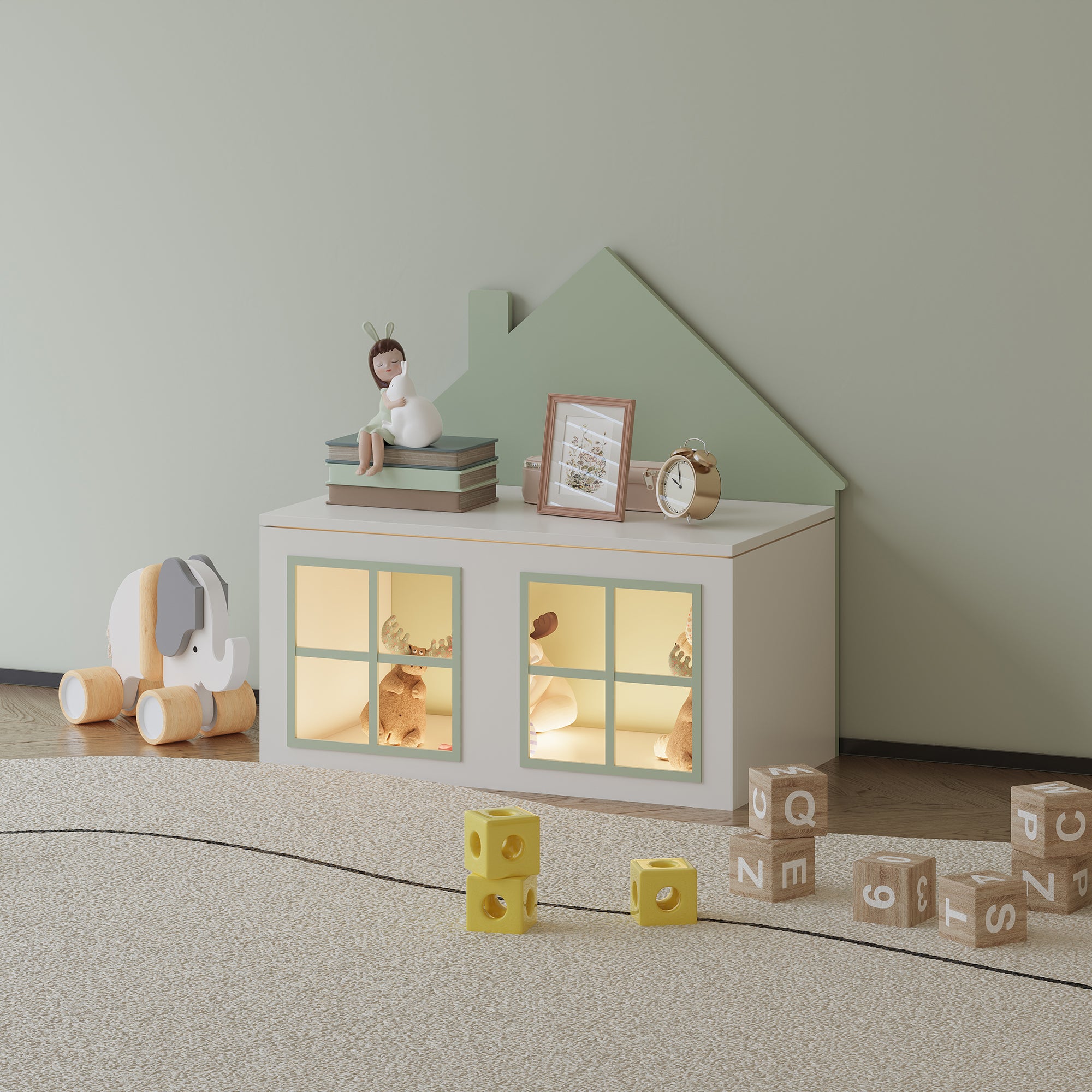 Baule Portagiochi Vipsali per Cameretta Design Casetta 56x60x33 cm Verde / Bianco [en.casa]