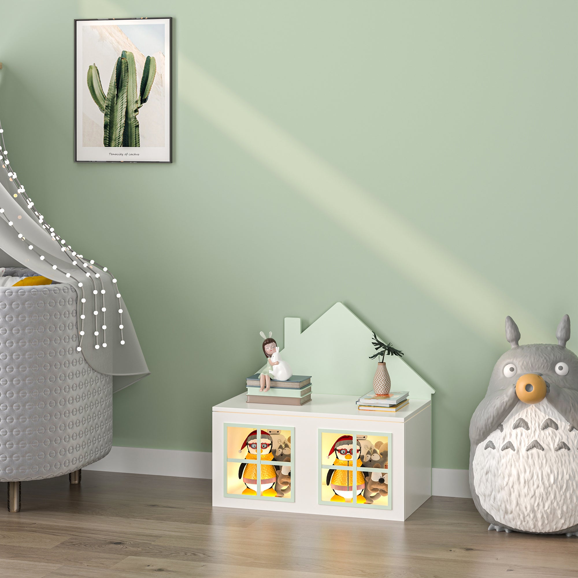 Baule Portagiochi Vipsali per Cameretta Design Casetta 56x60x33 cm Verde / Bianco [en.casa]