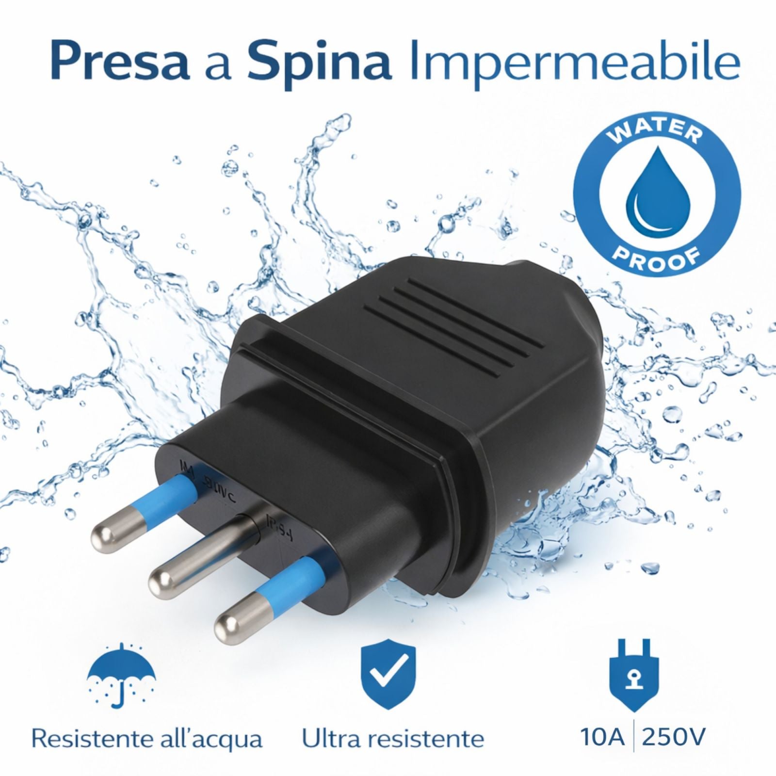Spina Elettrica Impermeabile IP44 10A 250V Maschio 2P+T per Uso Esterno e Prolunghe 34160