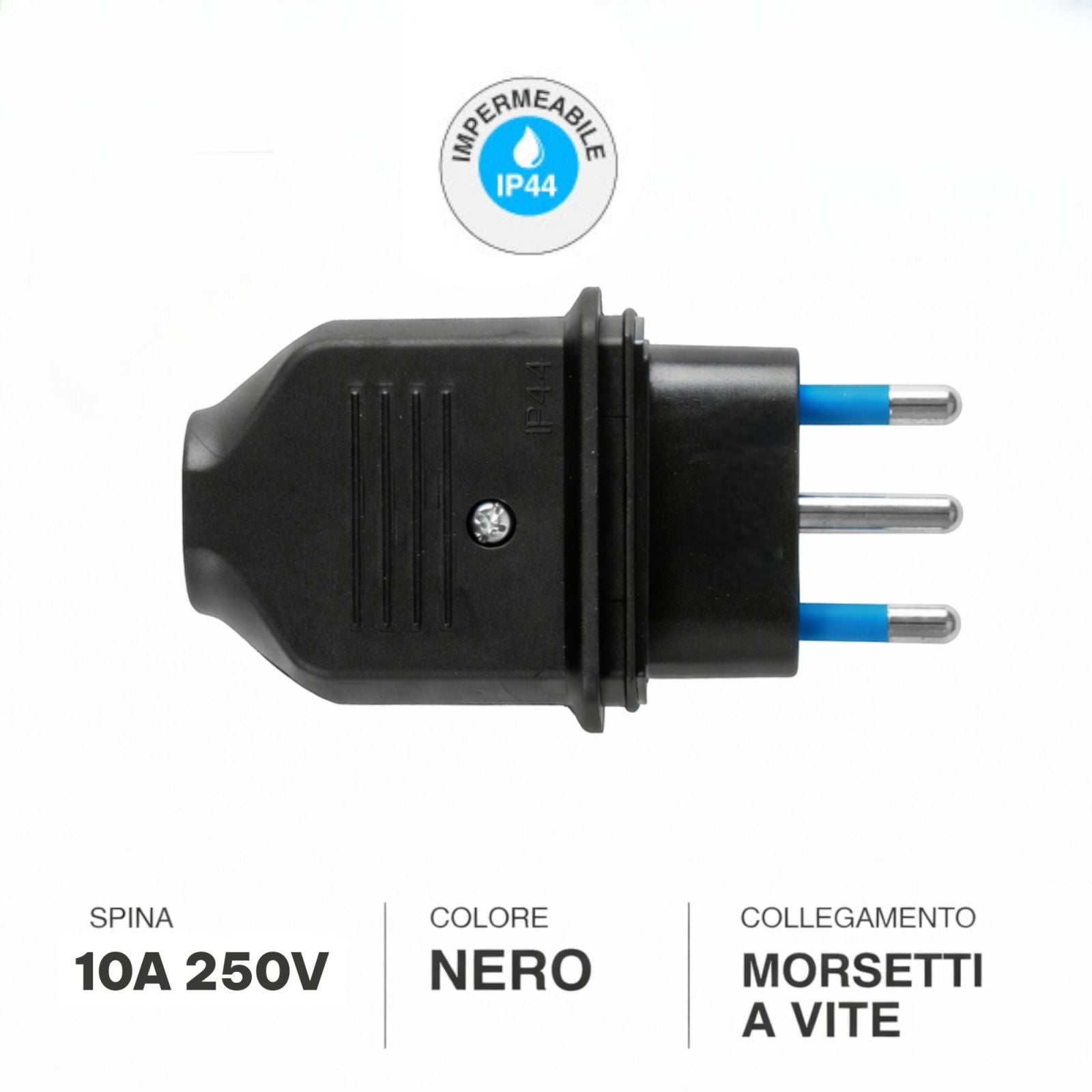 Spina Elettrica Impermeabile IP44 10A 250V Maschio 2P+T per Uso Esterno e Prolunghe 34160