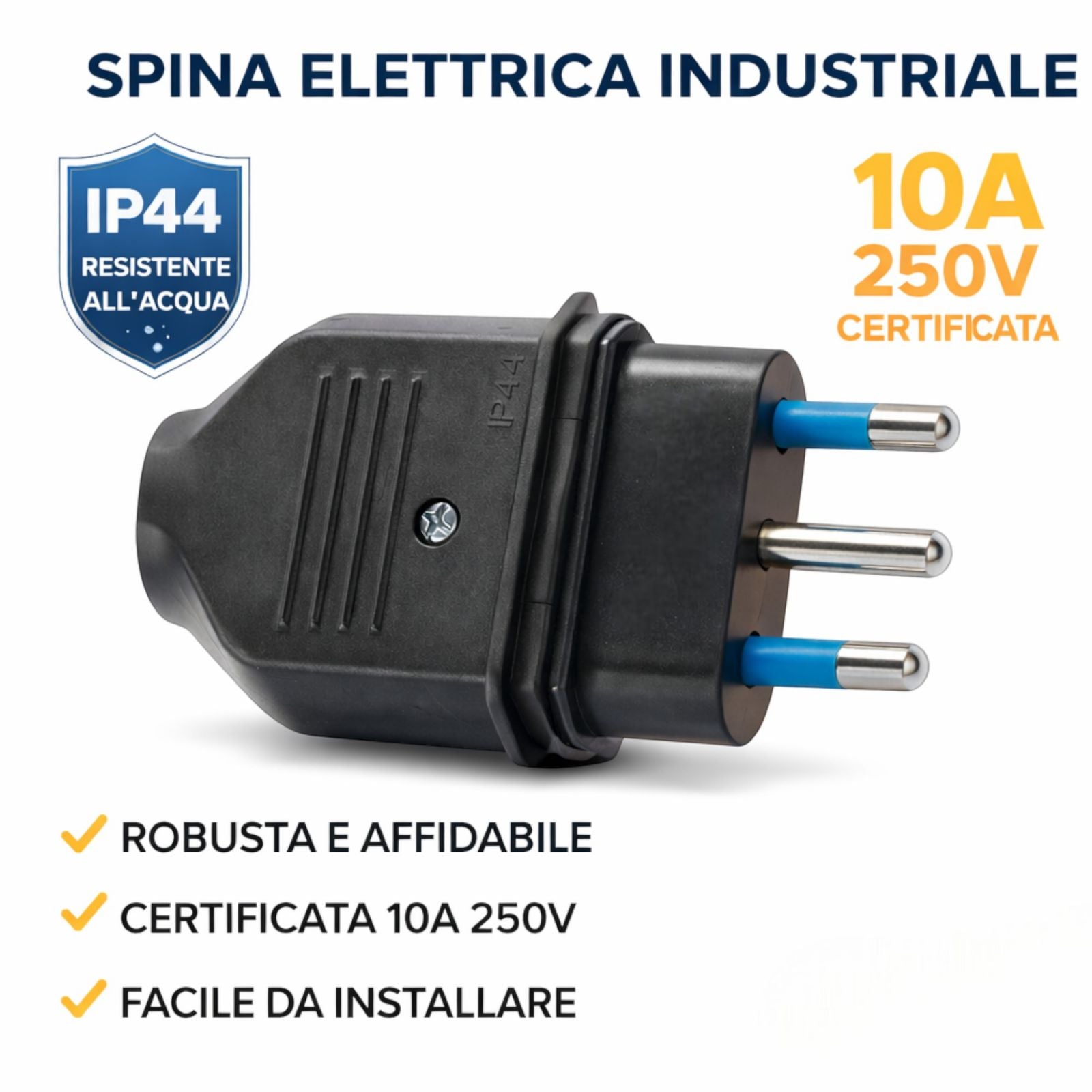 Spina Elettrica Impermeabile IP44 10A 250V Maschio 2P+T per Uso Esterno e Prolunghe 34160