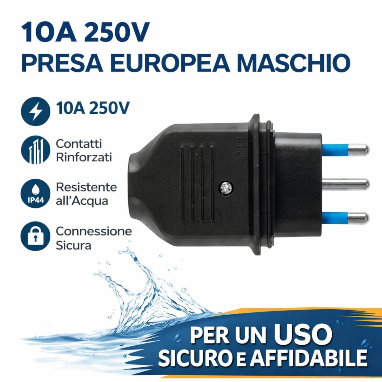 Spina Elettrica Impermeabile IP44 10A 250V Maschio 2P+T per Uso Esterno e Prolunghe 34160