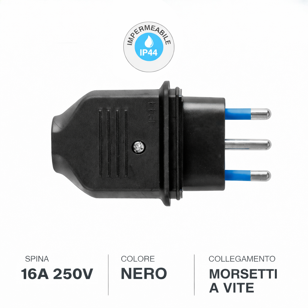 Spina Elettrica Impermeabile IP44 16A 250V Maschio 2P+T per Uso Esterno e Prolunghe 34161