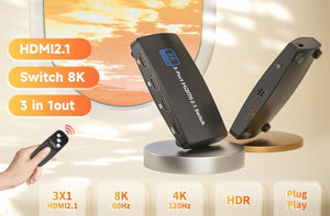 Splitter HDMI 2.1 4K Ultra HD 3 porte per TV console con telecomando QZ8Q3