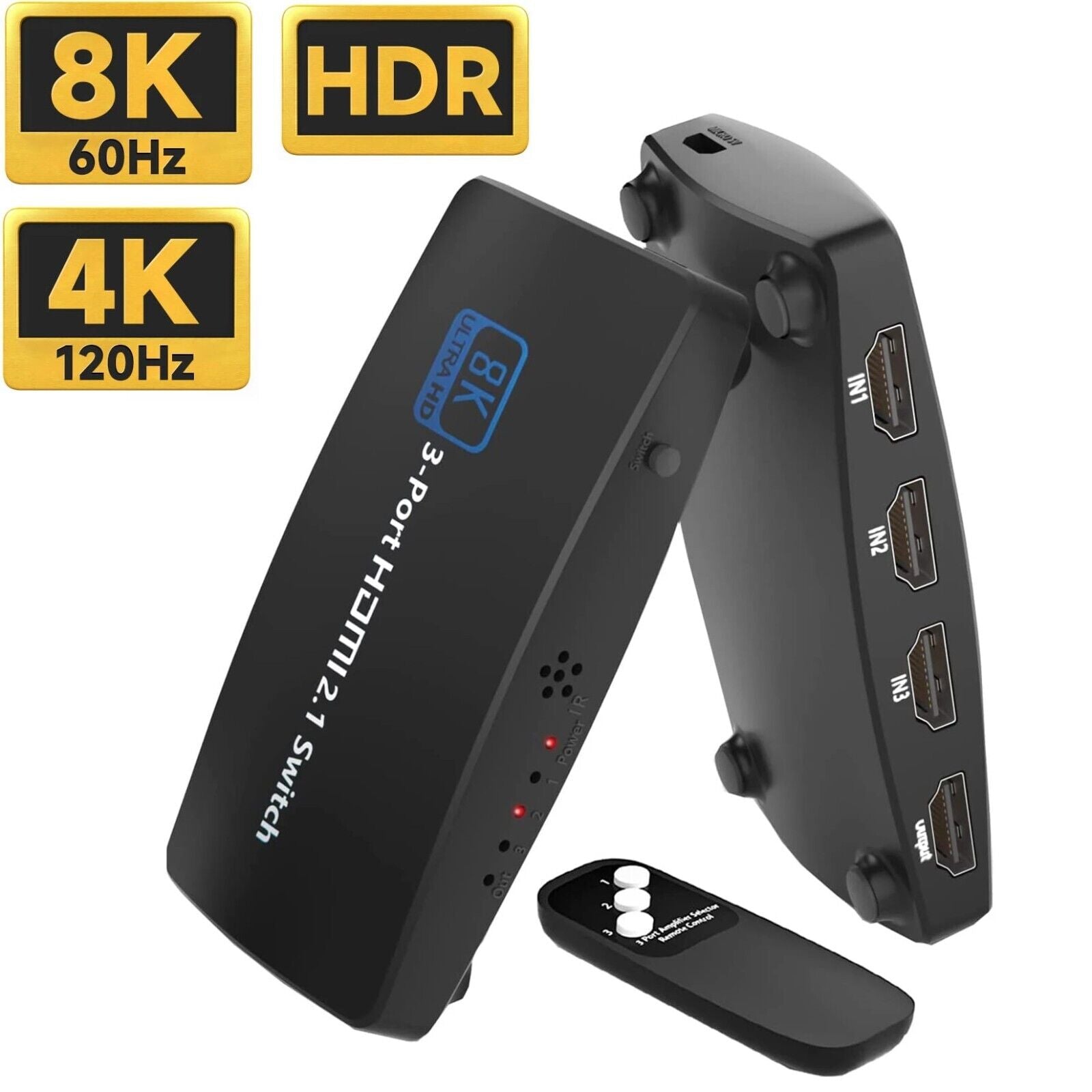 Splitter HDMI 2.1 4K Ultra HD 3 porte per TV console con telecomando QZ8Q3