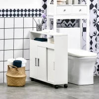 kleankin Mobiletto Bagno con Porte Scorrevoli, Ripiano Regolabile e 4 Ruote in Truciolato e Lega di Alluminio, 70x20x71cm