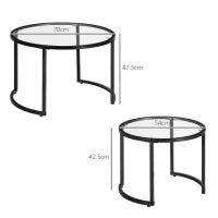 Set 2 Tavolini da Caffè Sovrapponibili in Vetro e Acciaio, Ø70x47.5 cm e Ø54 x 42.5 cm, Nero