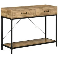 Tavolo Consolle Stile Vintage in Metallo e Legno con 2 Cassetti e Mensola, 100x35x76.5cm, Marrone