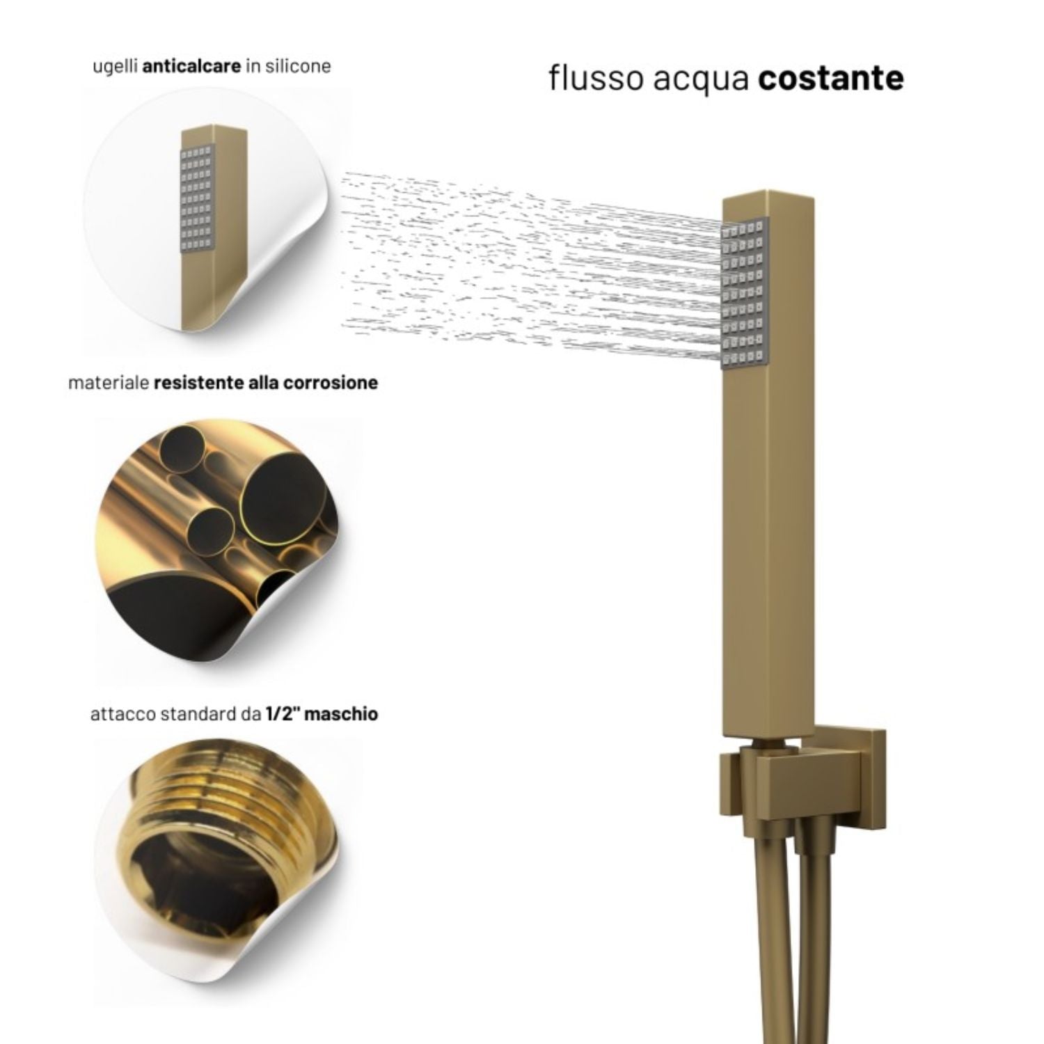 Set per doccia soffione quadro in acciaio inox 25x25 millimetri color oro *** finitura- oro matt satinato, confezione 1