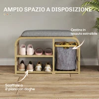 Panca Scarpiera da Ingresso con Seduta Imbottita, Design a Doghe e Cestino Estraibile, 70x30x45 cm, Legno