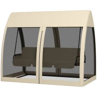 Dondolo da Giardino 2 in 1 Convertibile in Letto con Cuscini e Zanzariera, 240x140x197 cm, Caffè