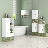kleankin Colonna Bagno con 2 Armadietti e Ripiano in MDF e Acciaio, 30x30x170.7cm, Bianco e Oro