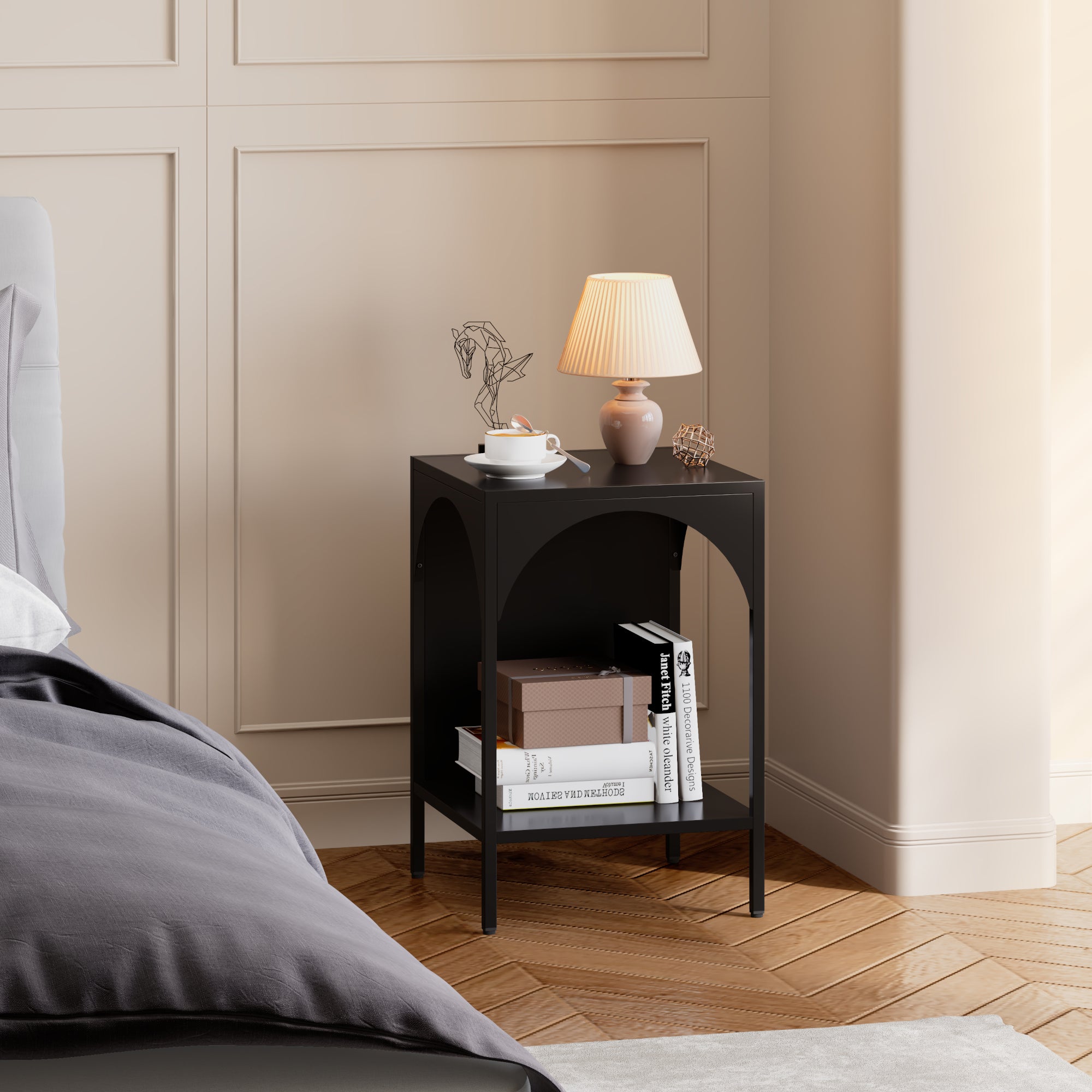 Tavolino Akaa con Scomparto Aperto Arcuato 52 x 35 x 35 cm Nero [en.casa]