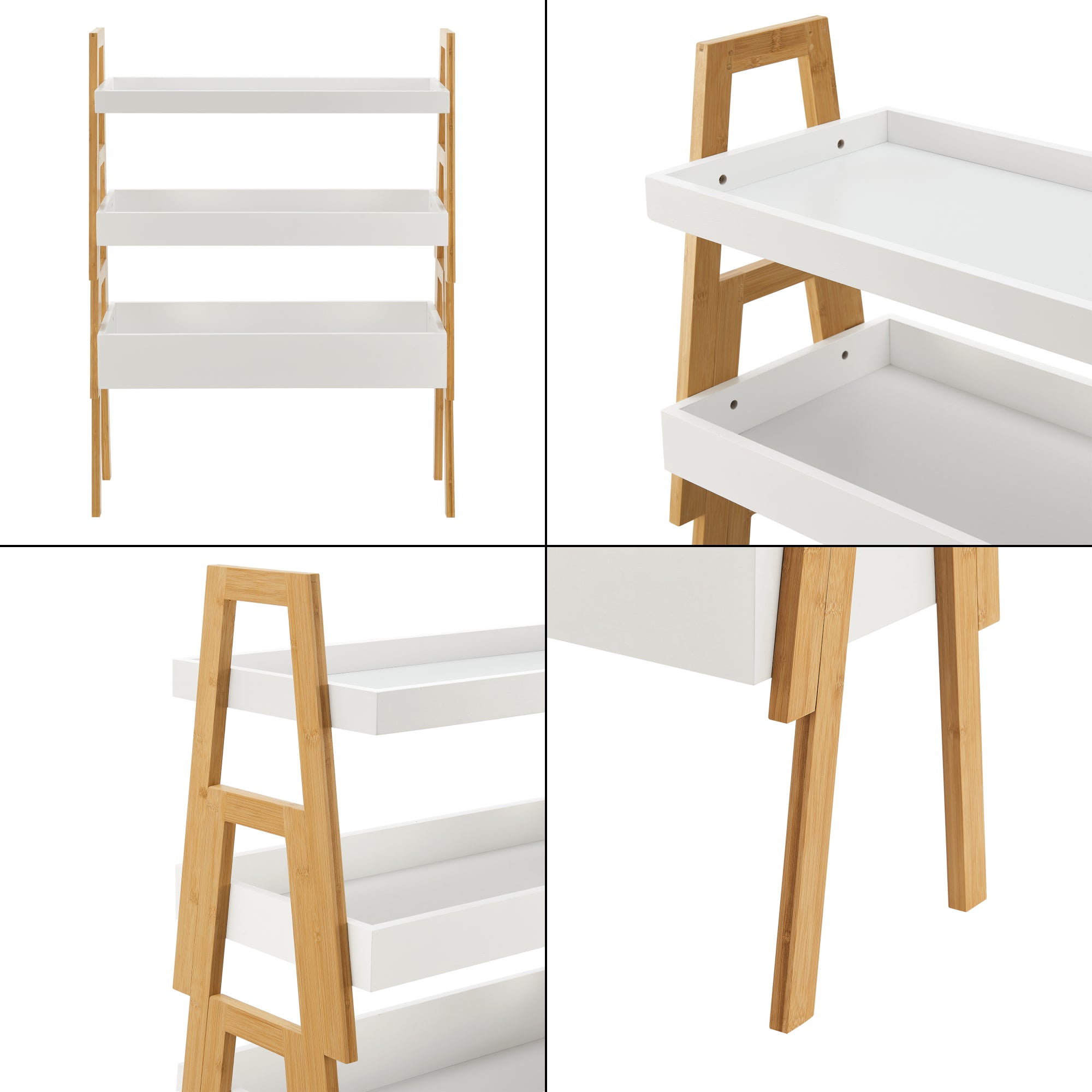 Scaffale Impilabile Set Hitra di 3 Ripiani a Bordi Rialzati Bambù Naturale / Bianco [en.casa]