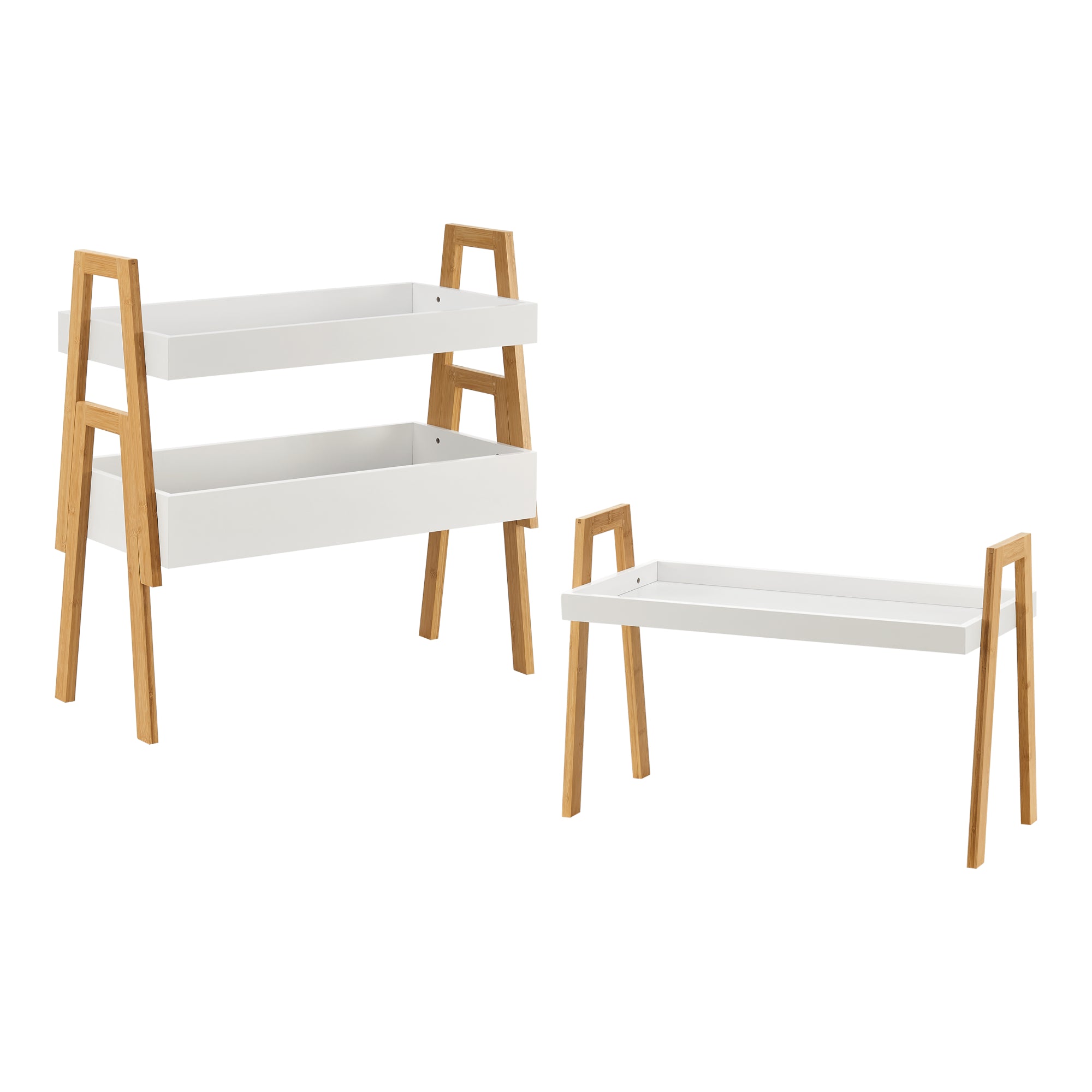 Scaffale Impilabile Set Hitra di 3 Ripiani a Bordi Rialzati Bambù Naturale / Bianco [en.casa]