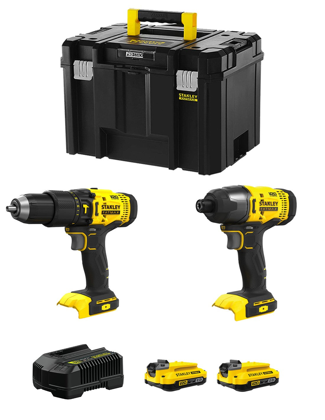 Stanley fatmax v20 stanley fatmax kit svk214 (sfmcd711 + sfmcf800 + 2 x 2,0 ah + caricabatteria + tstak vi) 8435587919438
