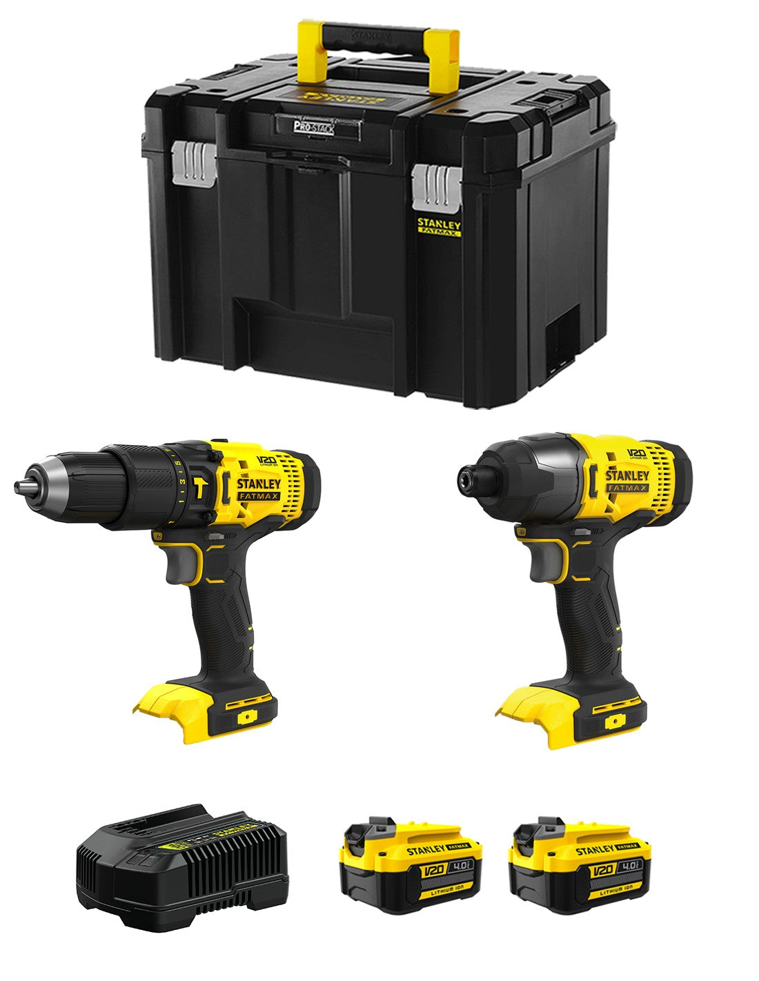 Stanley fatmax v20 stanley fatmax kit svk215 (sfmcd711 + sfmcf800 + 2 x 4,0 ah + caricabatteria + tstak vi) 8435587919445