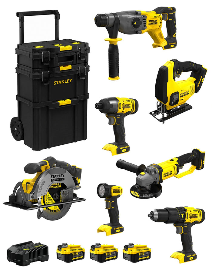 Stanley fatmax v20 stanley fatmax kit svk701 (sfmch900 + sfmcg400 + sfmcd711 + sfmcf800 + sfmcs500 + sfmcs600 + sfmcl020 + 3 x 4,0 ah + caddy 3en1) 8435587919582