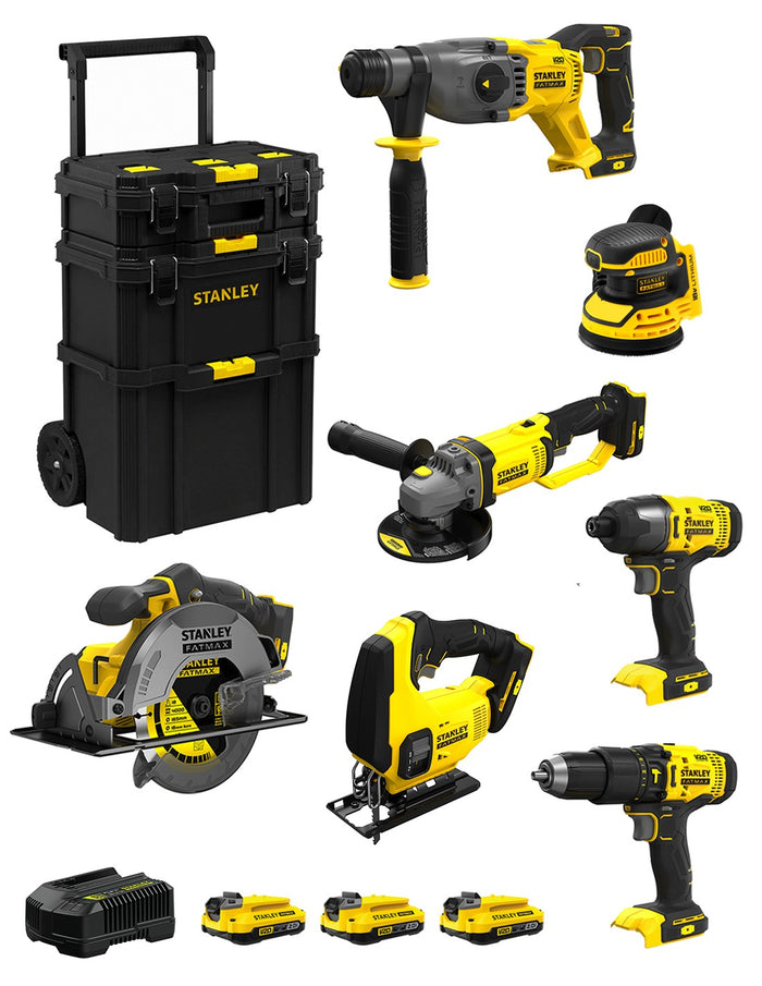 Stanley fatmax v20 stanley fatmax kit svk706 (sfmch900 + sfmcg400 + sfmcd711 + sfmcf800 + sfmcs500 + sfmcs600 + sfmcw220 + 3 x 2,0 ah + caddy 3en1) 8435587919636