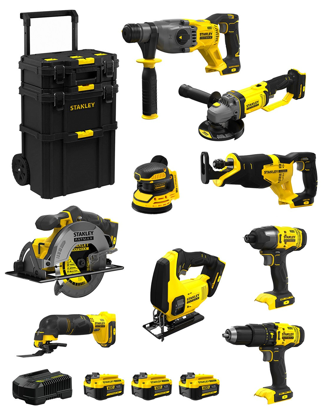 Stanley fatmax v20 stanley fatmax kit svk901 (sfmch900+sfmcg400+sfmcd711+sfmcf800+sfmcs500 +sfmcs600+sfmcw220+sfmcs300+sfmce500+ 3 x 4,0ah + caddy) 8435587919681