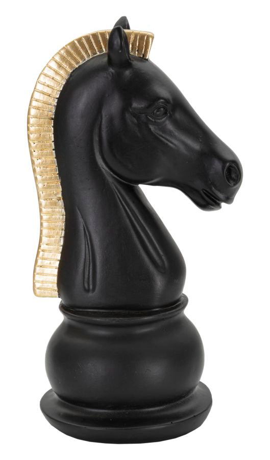 Statua Cavallo scacchi nero criniera oro, poliresina 10,5x8,5x19cm