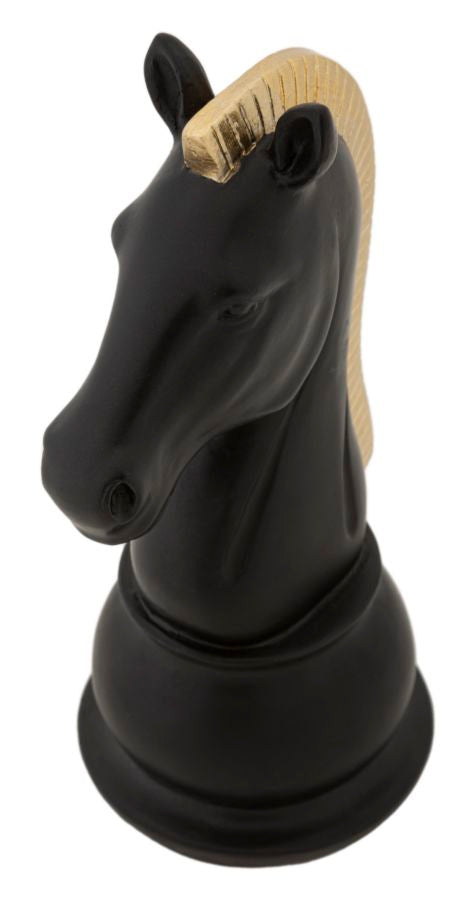 Statua Cavallo scacchi nero criniera oro, poliresina 10,5x8,5x19cm