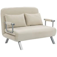 Divano letto 2 posti con schienale regolabile e 2 cuscini, rivestimento in tessuto effetto scamosciato, Beige