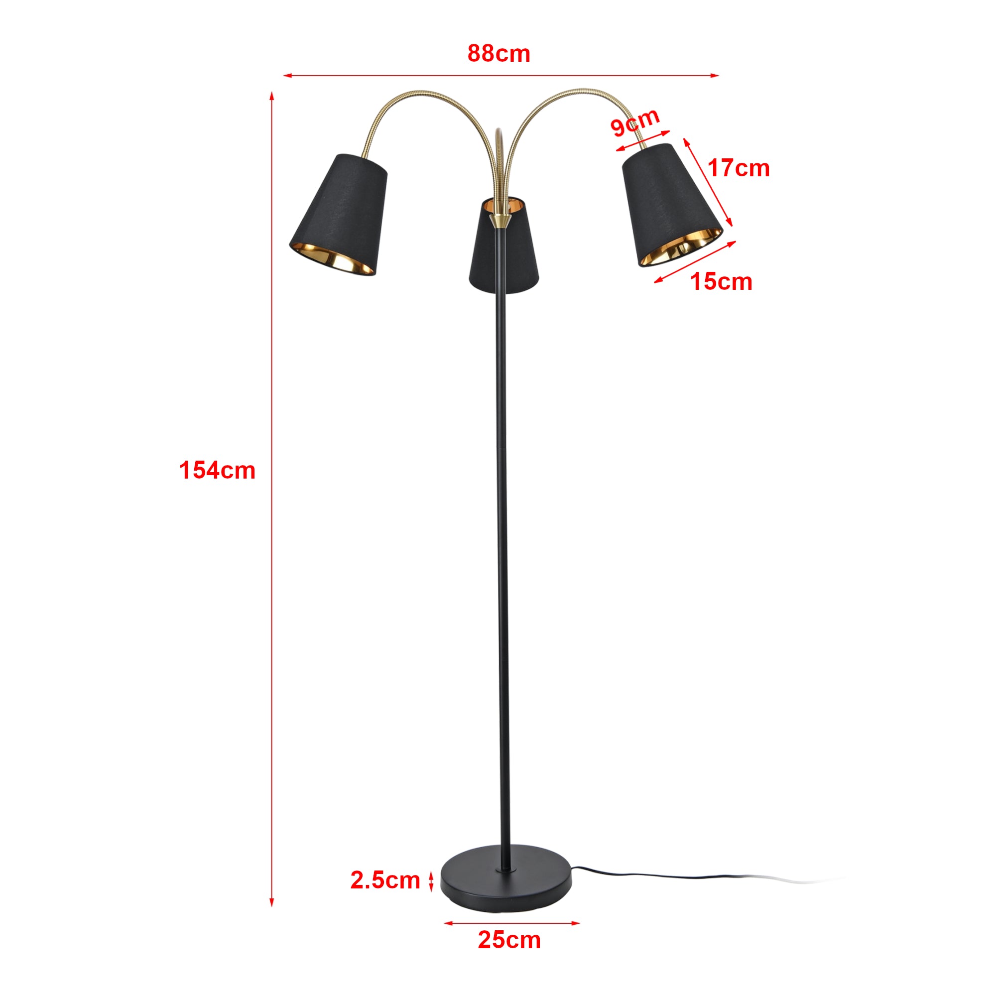 Lampada da Terra Wycombe Bracci Flessibili e 3 Paralumi Conici - Nero / Dorato lux.pro