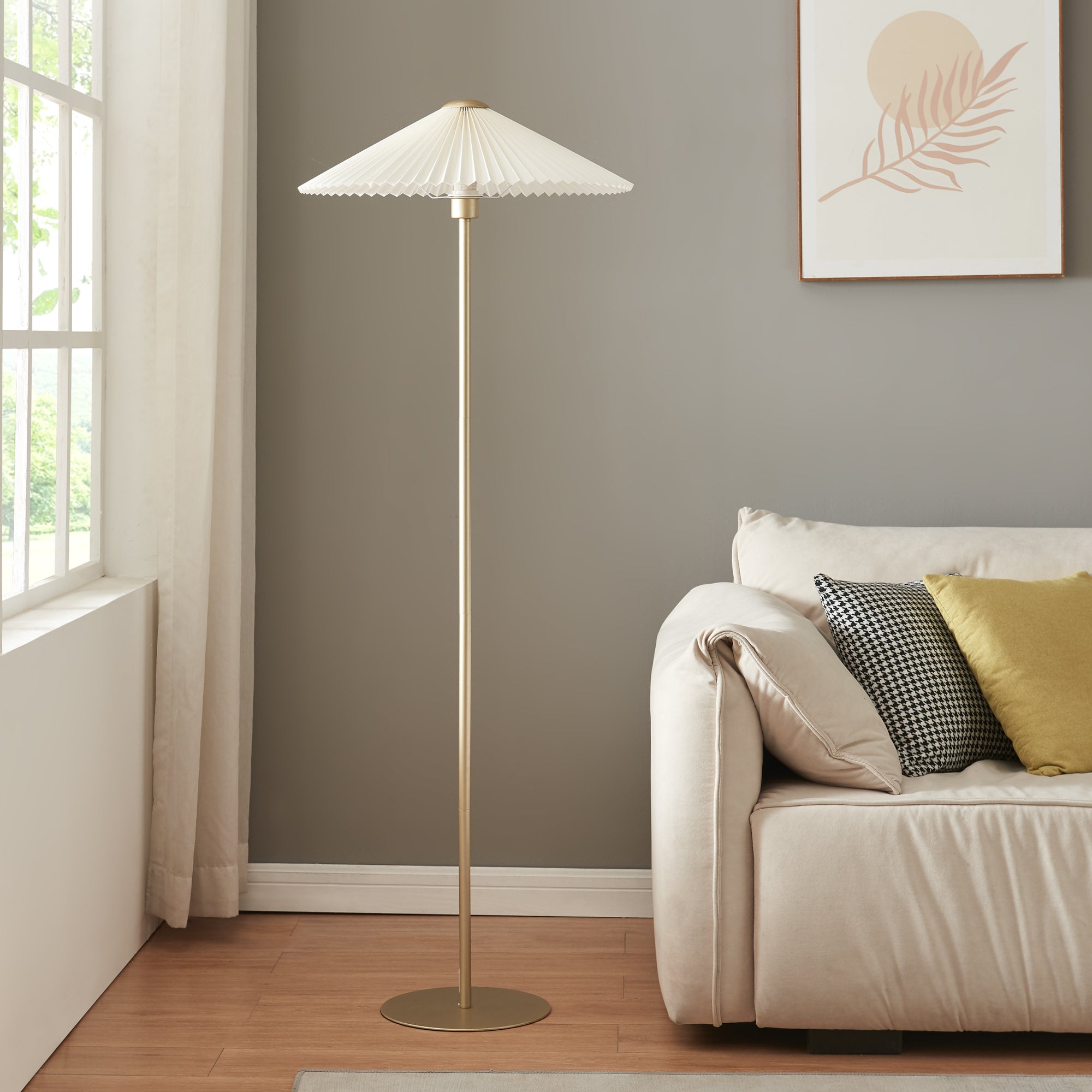 Lampada da Terra Appledore con Stelo Dorato e Paralume a Cono Piatto Pieghettato Bianco lux.pro