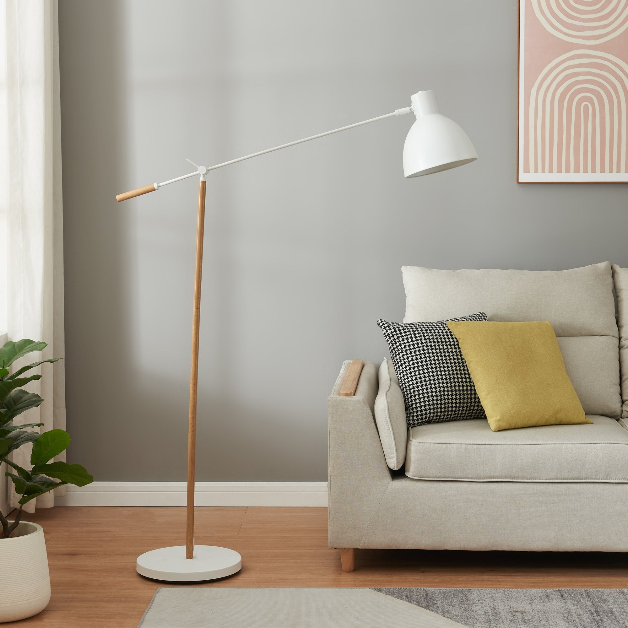 Lampada da Terra Banchory con Paralume a Cono Girevole e Braccio Regolabile - Effetto Legno/Bianco lux.pro