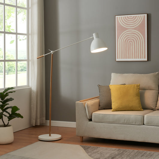 Lampada da Terra Banchory con Paralume a Cono Girevole e Braccio Regolabile - Effetto Legno/Bianco lux.pro