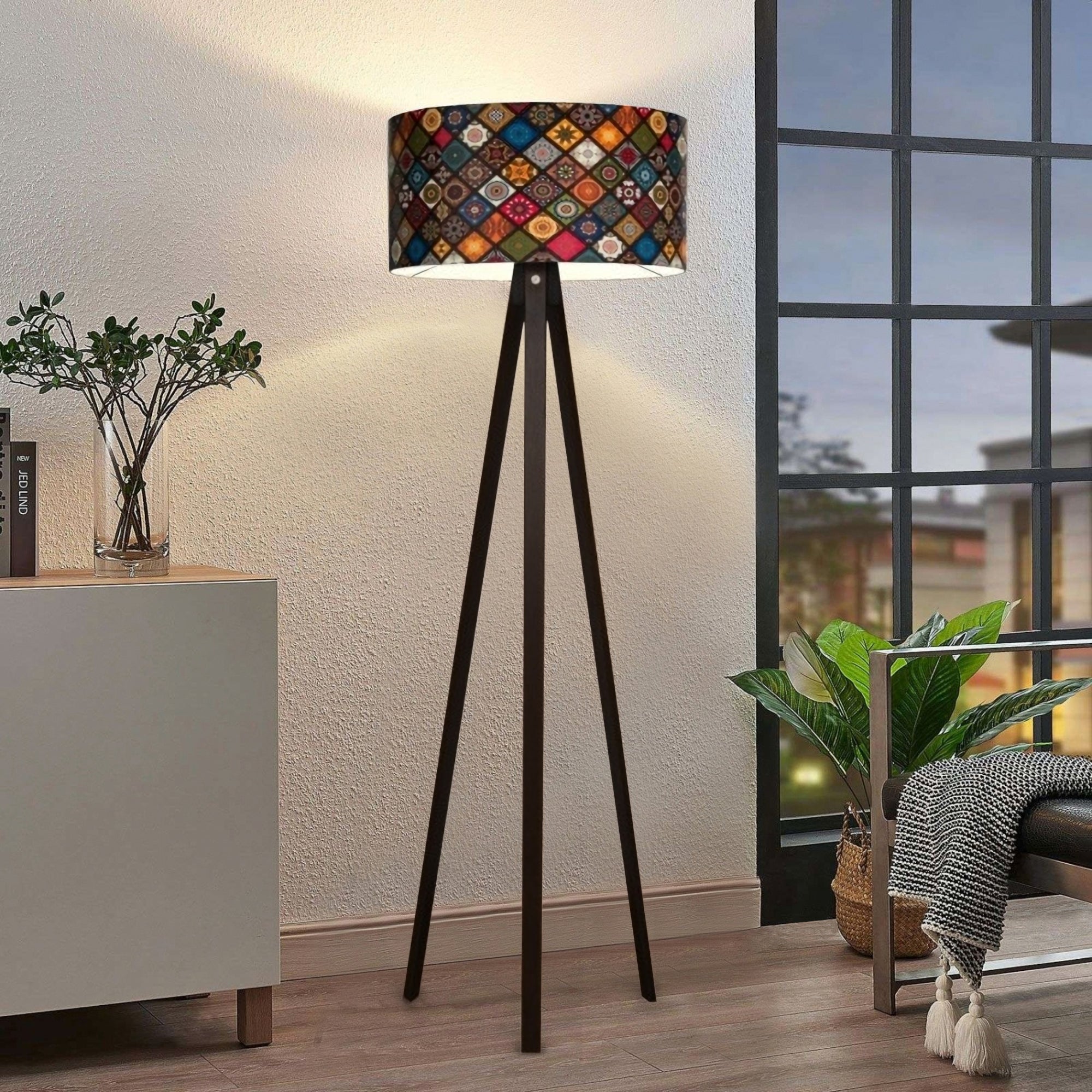 Lampada da Terra a Treppiede Newport Alta 140 cm Paralume Cilindrico - Multicolore lux.pro