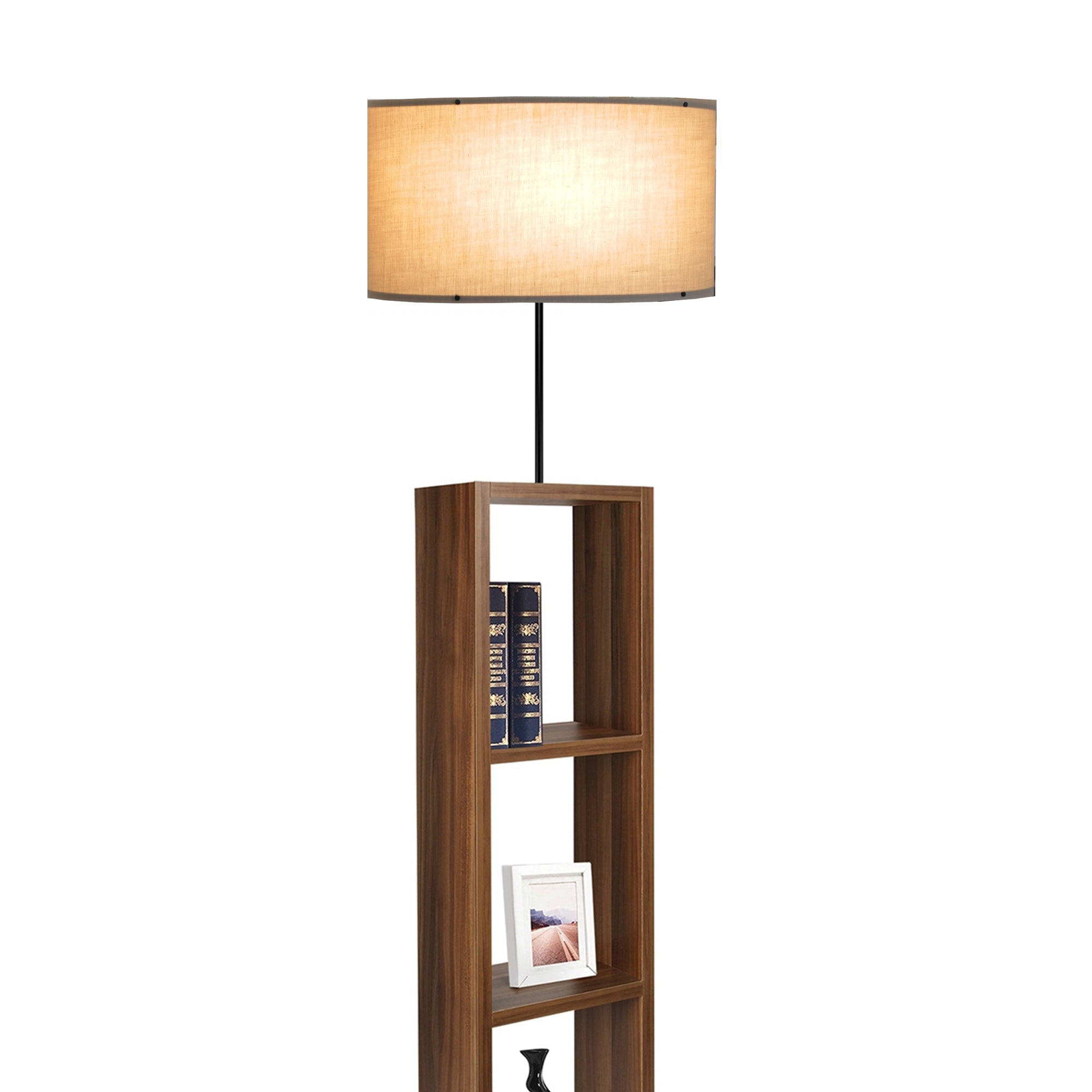 Lampada da Terra 'Redditch' Piantana con Paralume Cilindrico in Tessuto Beige e Base a Scaffale Portaoggetti in MDF
