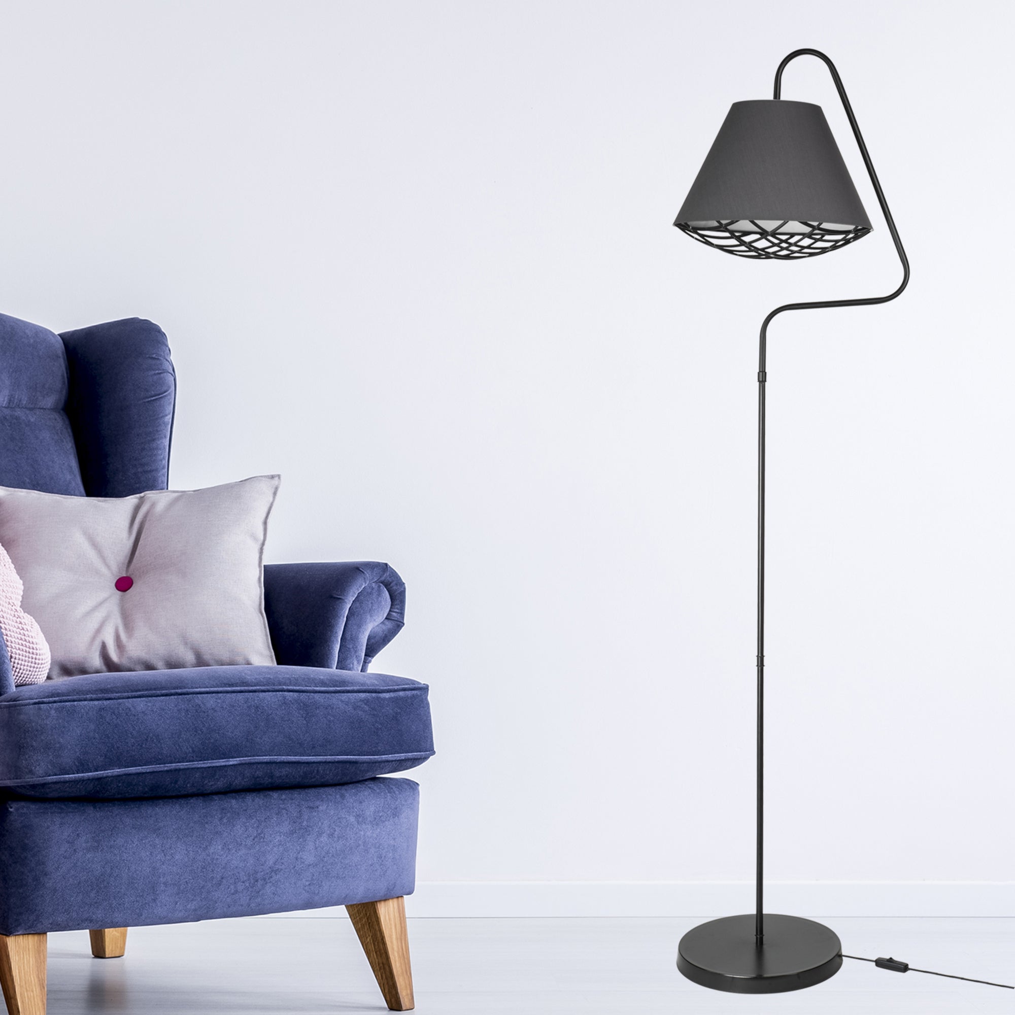 Lampada da Terra 'Gateshead' con Paralume / Abat-Jour in Tessuto - Grigio / Nero [lux.pro]
