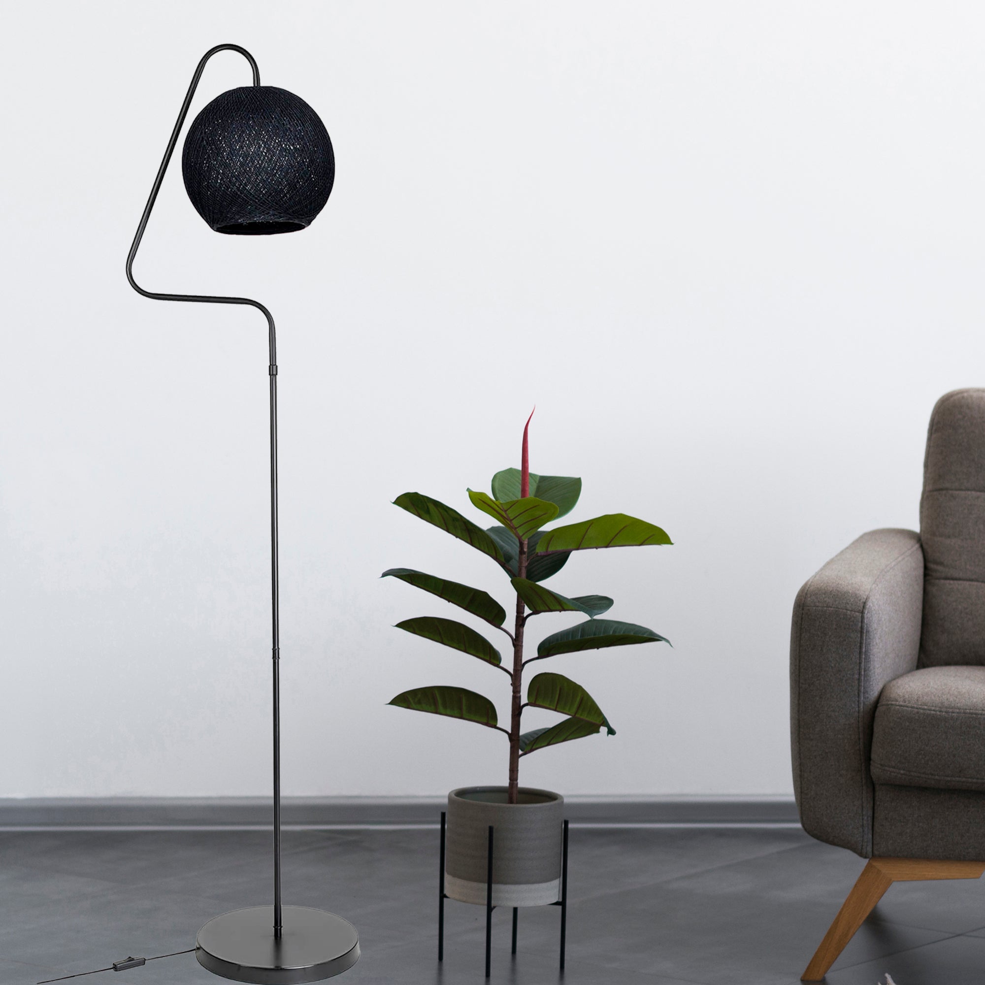 Lampada da Terra 'Littlehampton' Piantana con Paralume a Globo in Fili di Iuta e Stelo in Metallo - Nero [lux.pro]