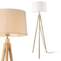 Lampada da Terra in Stile Treppiede Alta 153 cm Piantana Tripode con Paralume Conico in Tessuto Bianco e Gambe in Legno,