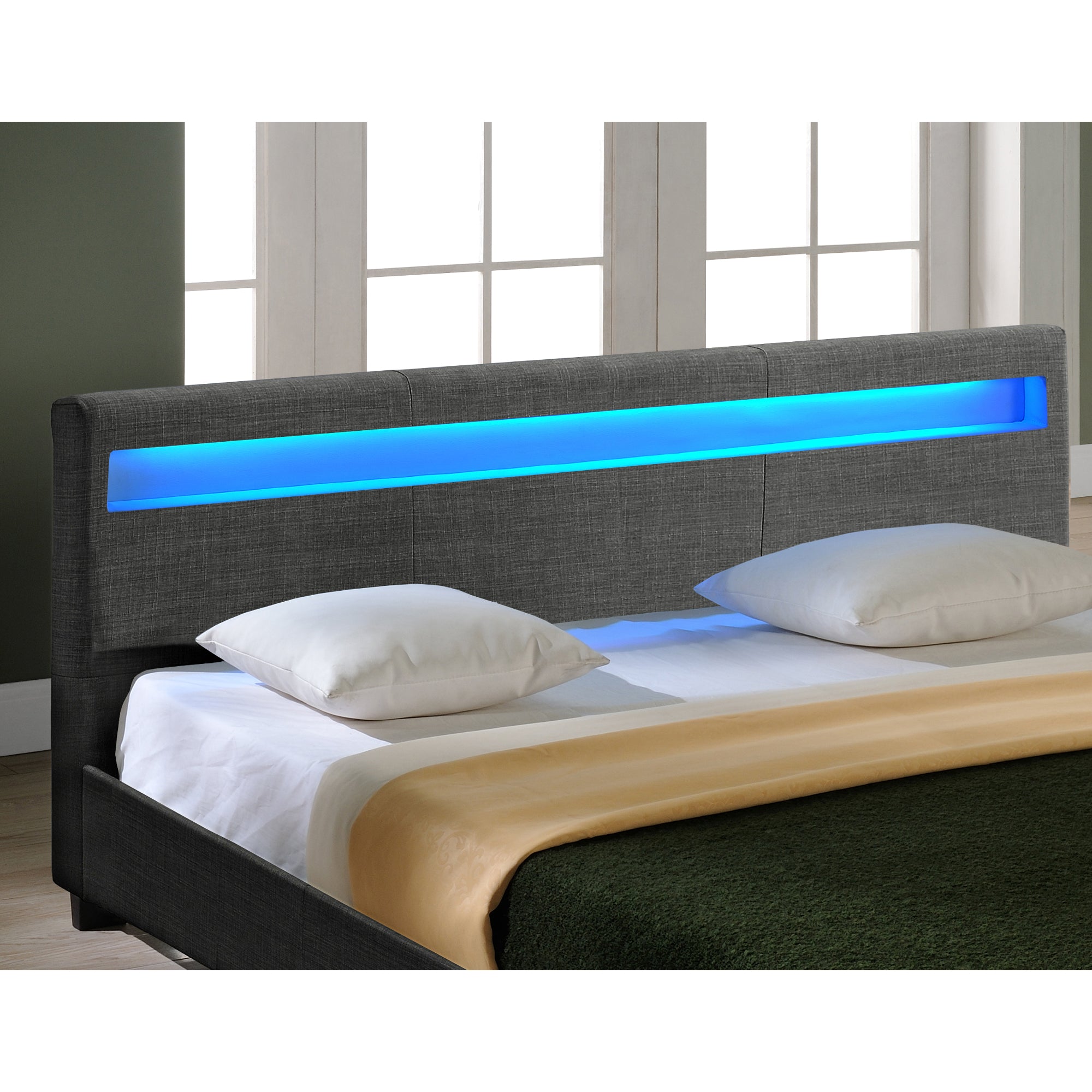 Letto Francese 140x200 cm a Testiera Alta con Illuminazione a LED Tessuto Grigio Scuro Corium