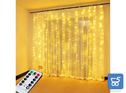 Stringa Luci LED per Tende e Decorazioni Bianco Caldo Alimentazione USB 3m x 3m con Telecomando