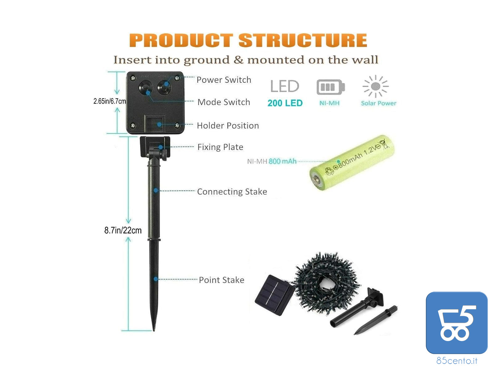 Stringa di Luci a LED 20 metri 200 LED per esterni IP65 ad Energia Solare Impermeabili 8 Modalità Decorative da Giardino Bianco Freddo