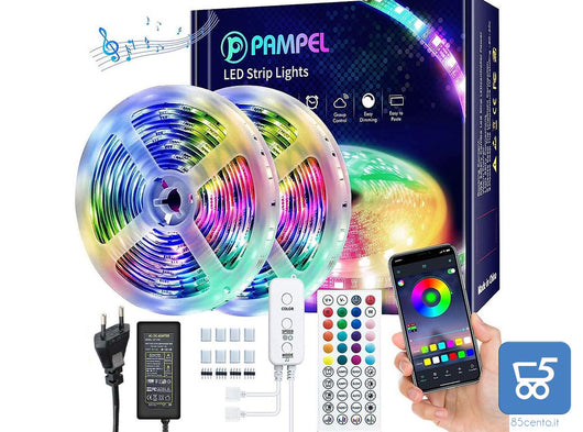 Strisce LED RGB Dimmerabili Smart con Microfono Integrato per Battiti Musicali Controllo App con Telecomando Controller Alimentazione 12V 2 strip da 5 metri - Totale 10 Metri