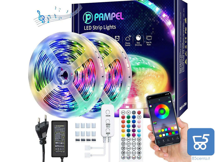 Strisce LED RGB Dimmerabili Smart con Microfono Integrato per Battiti Musicali Controllo App con Telecomando Controller Alimentazione 12V 2 strip da 5 metri - Totale 10 Metri