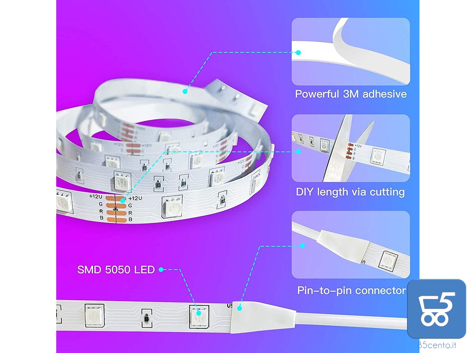 Strisce LED RGB Dimmerabili Smart con Microfono Integrato per Battiti Musicali Controllo App con Telecomando Controller Alimentazione 12V 2 strip da 5 metri - Totale 10 Metri