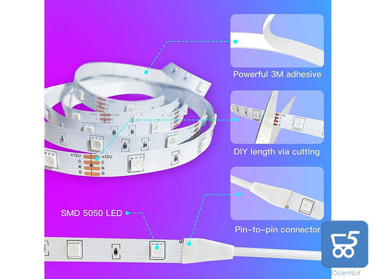 Strisce LED RGB Dimmerabili Smart con Microfono Integrato per Battiti Musicali Controllo App con Telecomando Controller Alimentazione 12V 2 strip da 5 metri - Totale 10 Metri
