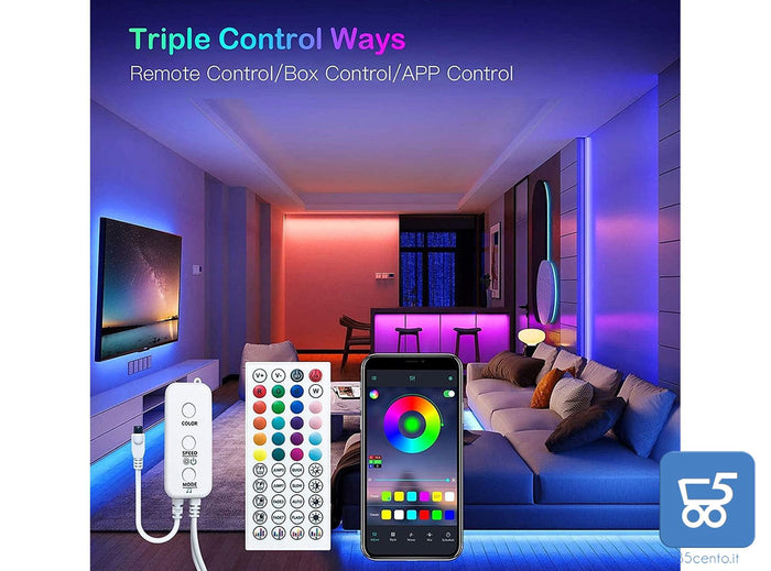 Strisce LED RGB Dimmerabili Smart con Microfono Integrato per Battiti Musicali Controllo App con Telecomando Controller Alimentazione 12V 2 strip da 5 metri - Totale 10 Metri