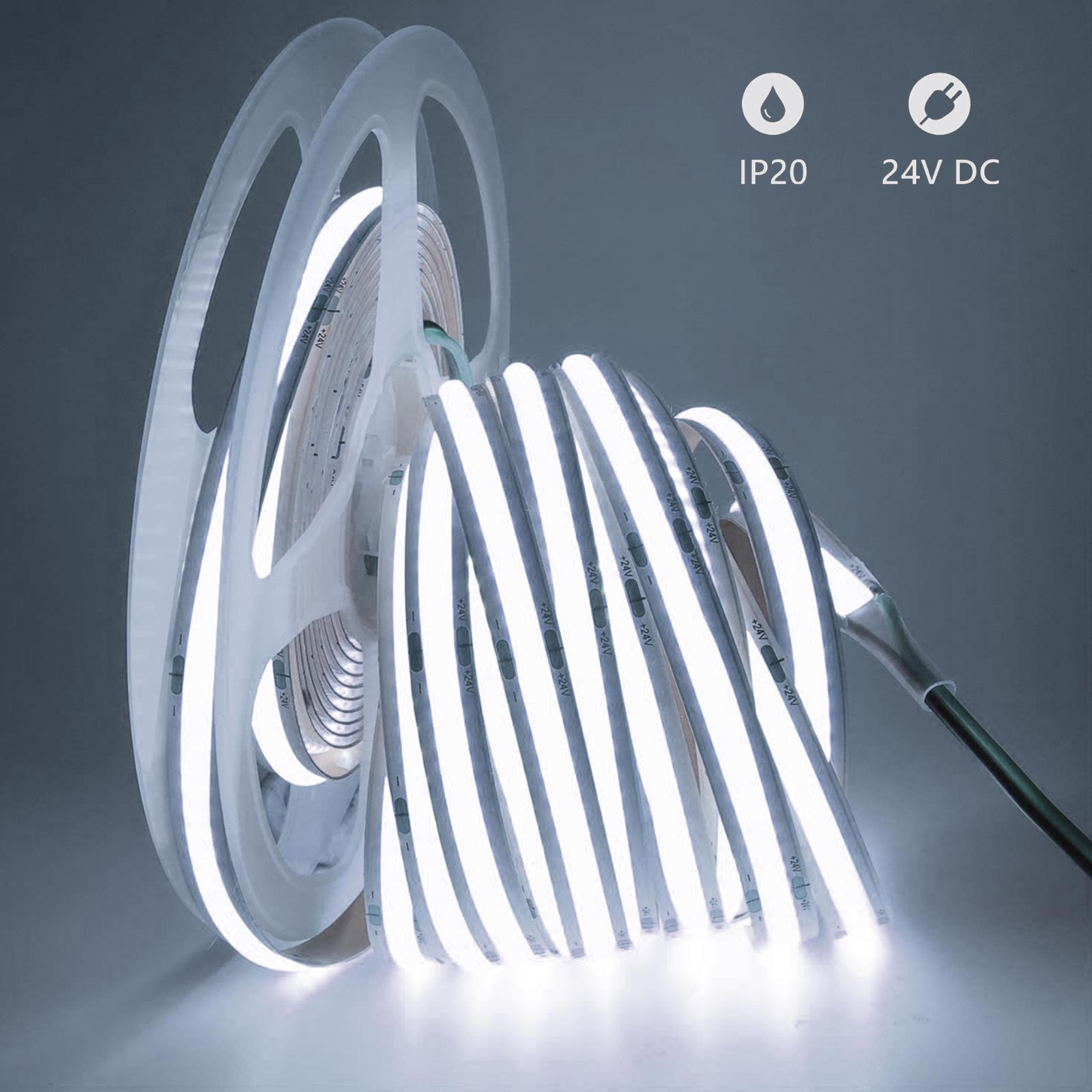 Striscia 1600 LED COB lineare 50W bobina strip flessibile adesiva 24V 5100lm nastro luce continua colorata decorativa interni IP20 6000K