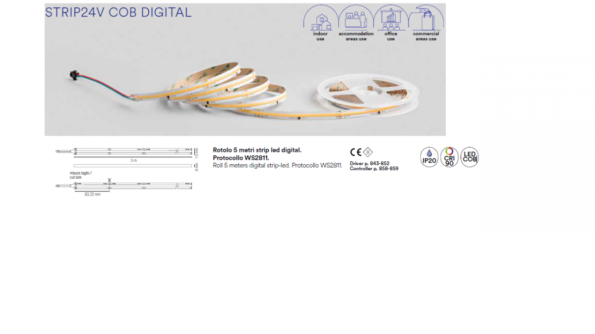 Striscia LED COB Digitale Running 24V 15W/m 5625 lm 4000K CRI>90 Bobina 5 Metri