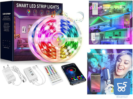 Striscia LED Smart 15 Metri Bluetooth 5050 RGB SMD Strip LED con telecomando e controllo tramite APP senza fili tramite BT
